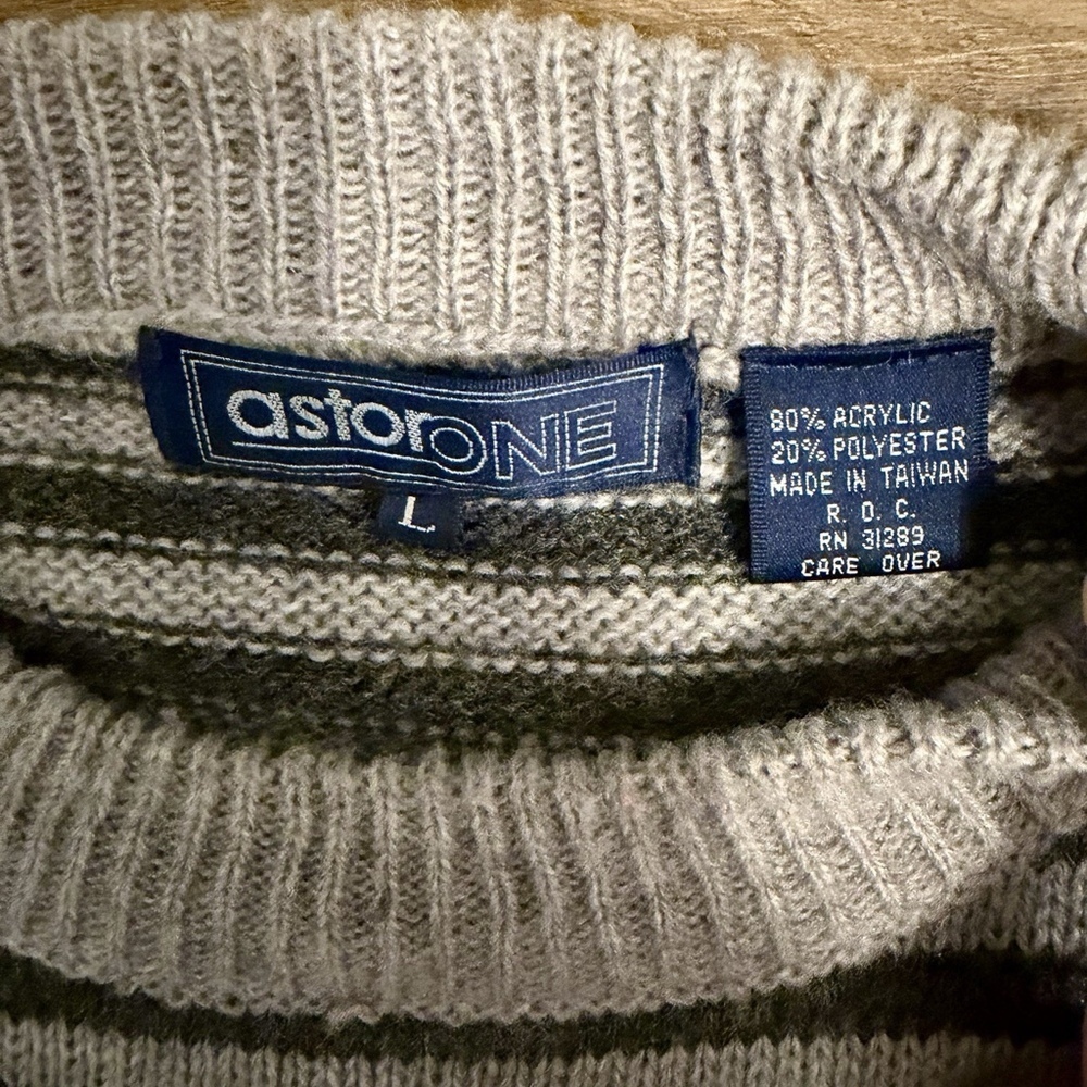 Vintage Astor One Striped Sweater Menβs L Gray Black Brown Crewneck - Picture 2 of 6
